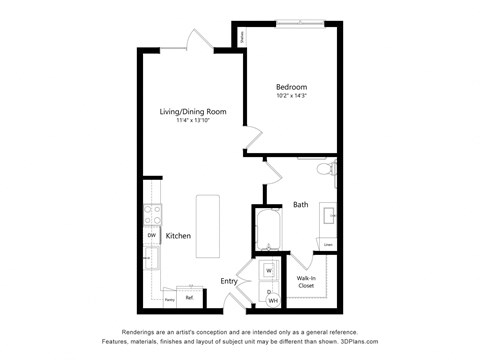 Floor plan for 1 bed, 1 bath, 727 sqft